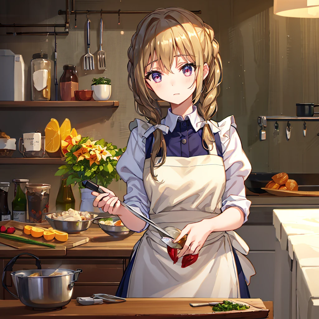 A beautiful girl, desperate expression, wearing an apron, cutting ingredients with a knife, cooking, in her home kitchen, ingredients placed around her.