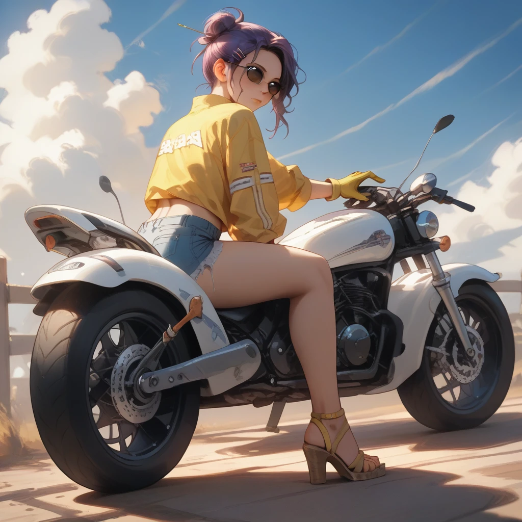 - A young woman sitting on a modern, sporty motorcycle with an aggressive and realistic mechanical design. - The motorcycle is predominantly black and yellow, featuring a detailed metallic tube-shaped exhaust and a license plate that reads "EL ELECTRIC". - The young woman has purple hair styled in a bun, with decorative pins or clips. - She is wearing a torn yellow top that exposes her shoulders and short denim shorts. - She wears yellow gloves and high-heeled sandals in shades of red and white, with a stylish and dynamic look. - The background features an outdoor highway with metallic guardrails under a clear sky with scattered clouds. - The composition includes realistic details of light and shadow, with soft lighting and saturated colors, maintaining a balance between warm and cool tones. - Dynamic framing with a perspective focused on the motorcycle's rear, emphasizing the curves of the vehicle and the woman’s design. - Visual style with smooth, stylized lines, typical of digital illustration with anime influence. - High resolution, preserving rich textures and sharp details.