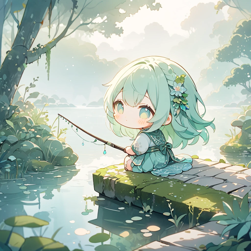 masterpiece, best quality, ultra-detailed, pastel tones, 
theme color green,chibi, masterpiece, best quality, 8k, highres, ultra-detailed, chibi, 1girl,girl close up, back view, long hair, pastel hair color, holding fishing rod, enjoying fishing,indian style sitting, ancient bridge, moss covered, overgrown vines, sitting on bridge, dense fog, soft light, tranquil atmosphere, muted colors, serene landscape, ethereal ambiance, weathered materials, diffuse lighting, mystical environment, lake, fish poking head out of water, playful, cute, foggy effect covering the scene