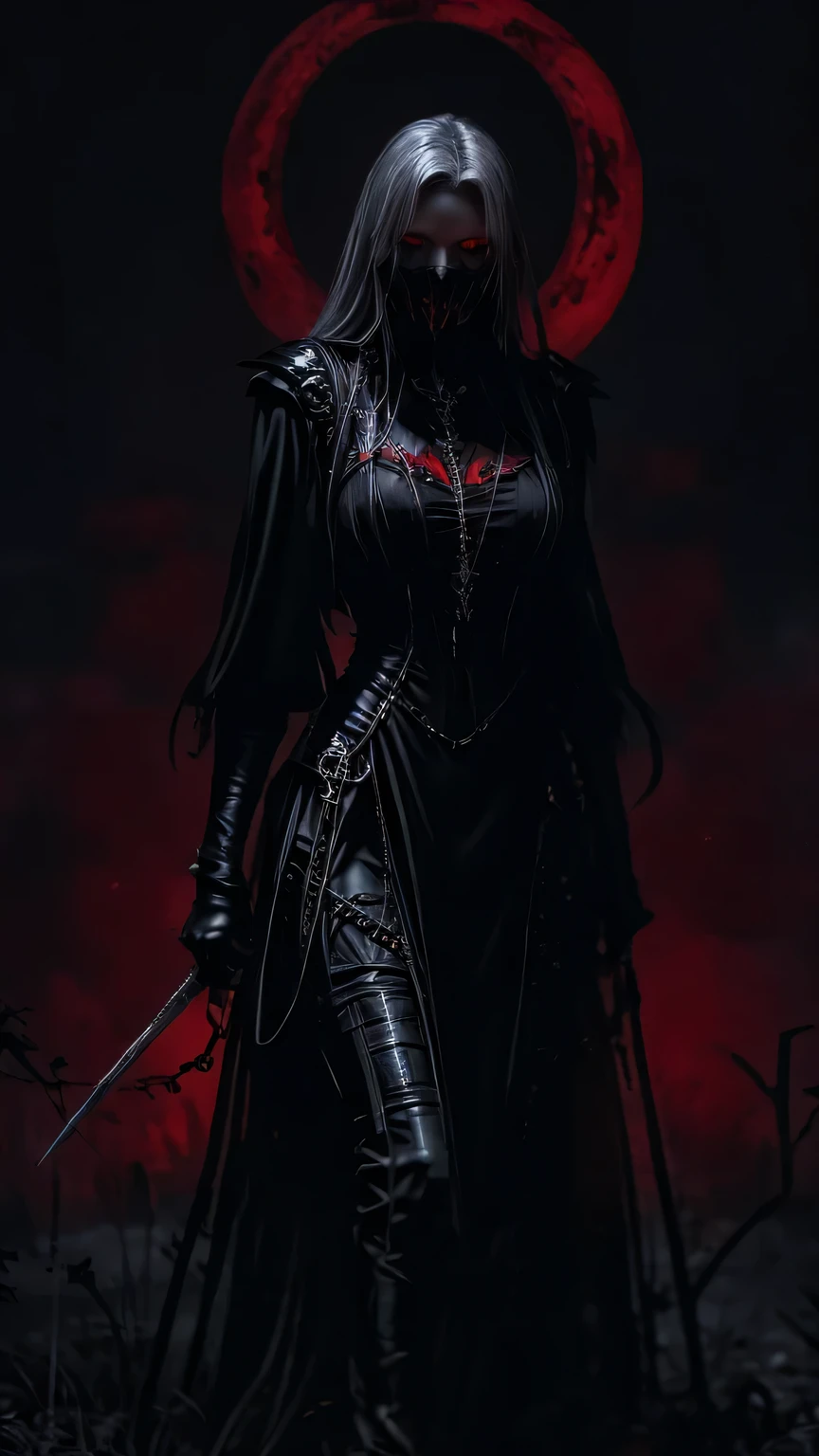 woman, ultra high details, dark fantasy, grim background, bloom, glowing red eyes, dark environment, bloody theme, sharp chains, hips up, witch, nardack, pale skin, red light effect, white hair, red moon, smoke,