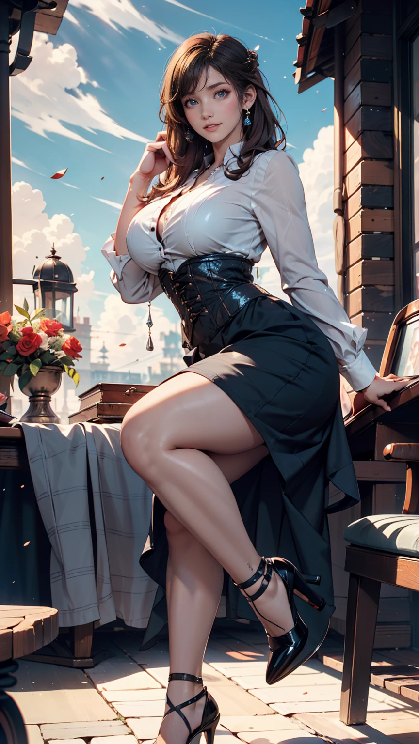 (((steampunk))),ultra realistic 8k cg, picture-perfect face, flawless, clean, masterpiece, professional artwork, famous artwork, perfect face, beautiful face, beautiful eyes, ((perfect female body)),large breasts, solo,, ,skirt,,blush,seductive expression,extremely detailed_eyes,thick thighs,((white hair)), short hair,, beautifully detailed background,depth of field,,bdsm,skindentation,full body,shirt,, pantyhose,