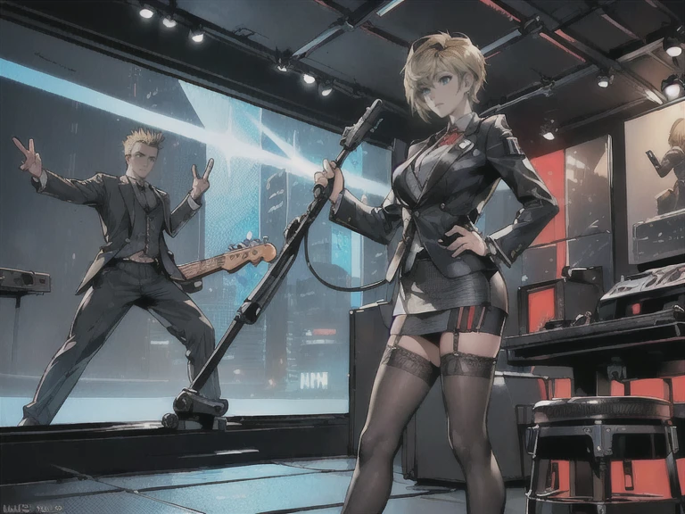 ((Top quality, 4k, 8k, high resolution, masterpiece:1.2, super detailed, correct anatomy)), ((Female: Mature woman, black eyes, blonde hair, clothing: grey suit, mini skirt, garter stockings, playing electric guitar)), (((Male: Businessman, hairstyle: Mohawk, clothing: suit on top, pants on bottom, playing drums)), (((2 members, helping with playing)),)), android, robot, ((cyberpunk)), punk, guitar, drums, ((cybercity)), (((active and active character)))