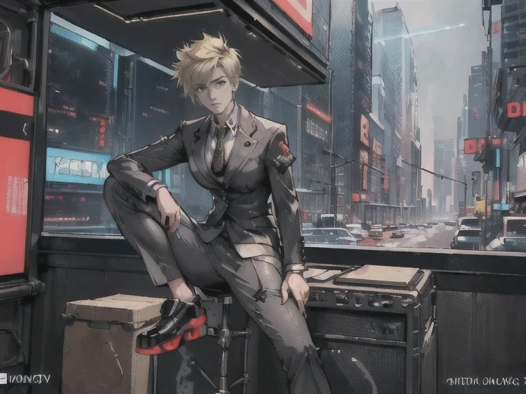 ((Top quality, 4k, 8k, high resolution, masterpiece:1.2, super detailed, correct anatomy)), ((Female: Mature woman, black eyes, blonde hair, clothing: grey suit, mini skirt, garter stockings, playing electric guitar)), (((Male: Businessman, hairstyle: Mohawk, clothing: suit on top, pants on bottom, playing drums)), (((2 members, helping with playing)),)), android, robot, ((cyberpunk)), punk, guitar, drums, ((cybercity)), (((active and active character)))