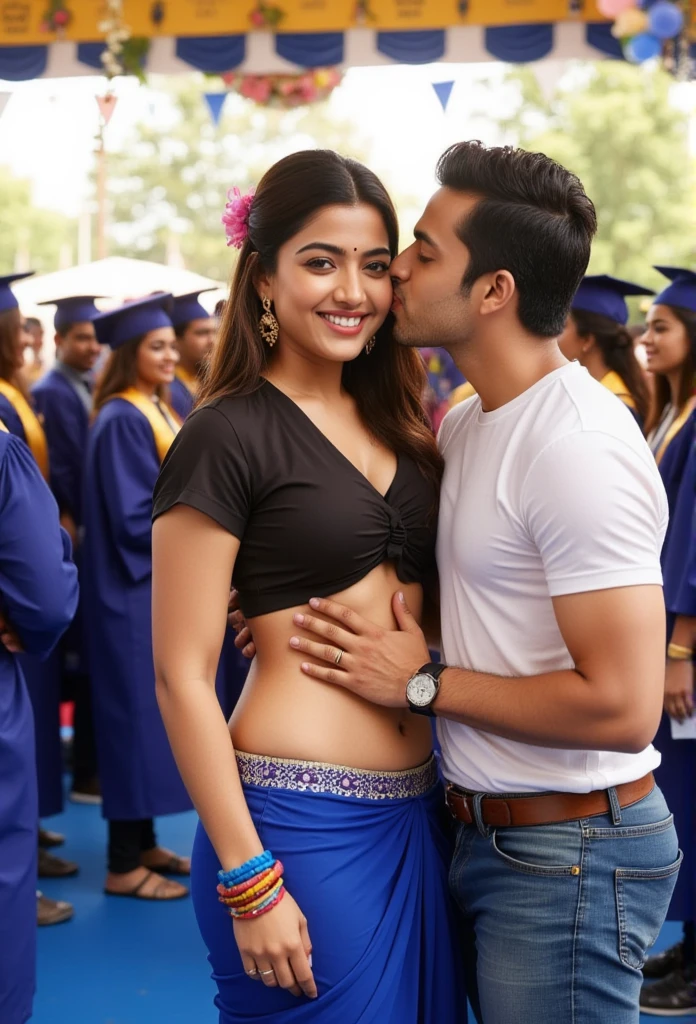 At a vibrant college graduation ceremony, an Indian girl stands confidently as the center of attention, her long hair styled in an elegant updo, and a radiant smile lighting up her face. She wears a traditional black blouse with short sleeves and a knotted front, paired with a matching blue draped bottom piece featuring an embellished waistband. Her midriff and toned waist are visible, adding to her celebratory look. She’s adorned with traditional Indian jewelry—gold dangling earrings, colorful bangles, and a small bindi on her forehead—blending cultural elegance with the joyful occasion. Beside her, a man stands close, his hand resting affectionately on her hip while he leans down, placing a gentle kiss on her navel in a sweet, intimate gesture. Surrounding them are fellow graduates in caps and gowns, along with friends and family capturing photos. The stage is set with congratulatory banners, flowers, and balloons, adding to the lively atmosphere, as graduates and attendees celebrate the memorable day,sunny