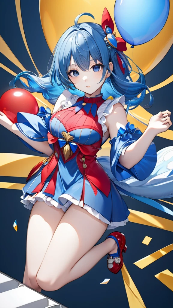 Anime Moe Art Style,Highest quality,High resolution,Anatomically correct,One Girl,Mid-teens,Girl with light blue hair in a ponytail,Very detailed,Fantasy World,Big Breasts,Shiny skin,Beautiful Skin,A rich expression,A big smile,Circus,Stage Costumes,Knife throwing tricks,Detailed drawn eyes,hair ornaments,8K