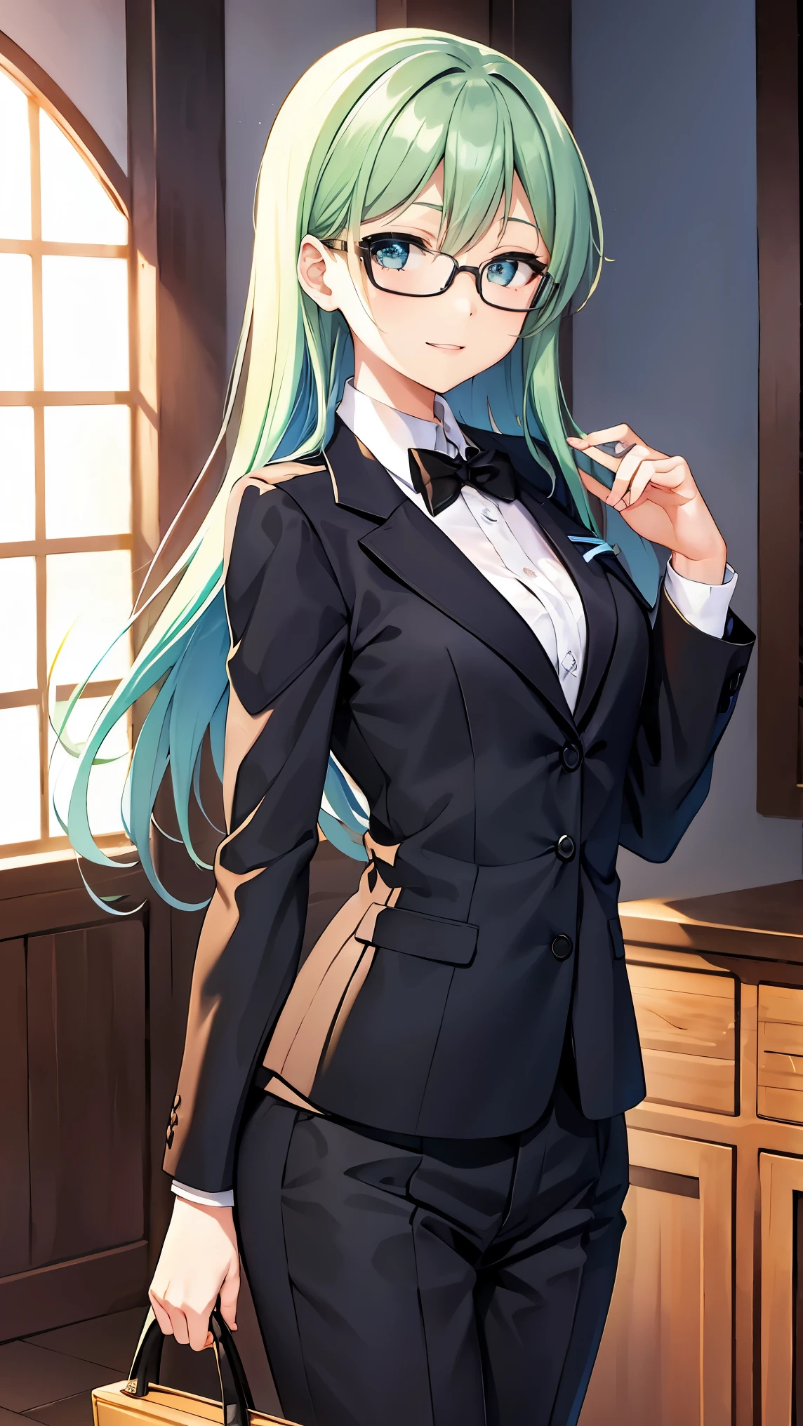 shoulder-length green hair, small size breasts, Small breasts、Green Eyes, 、(((Ladylike))), full body composition from head to toe、 formal attire 、suit、teacher、(( look at me and your face))、Date、walk、Greetings 、Stylish、Glasses、