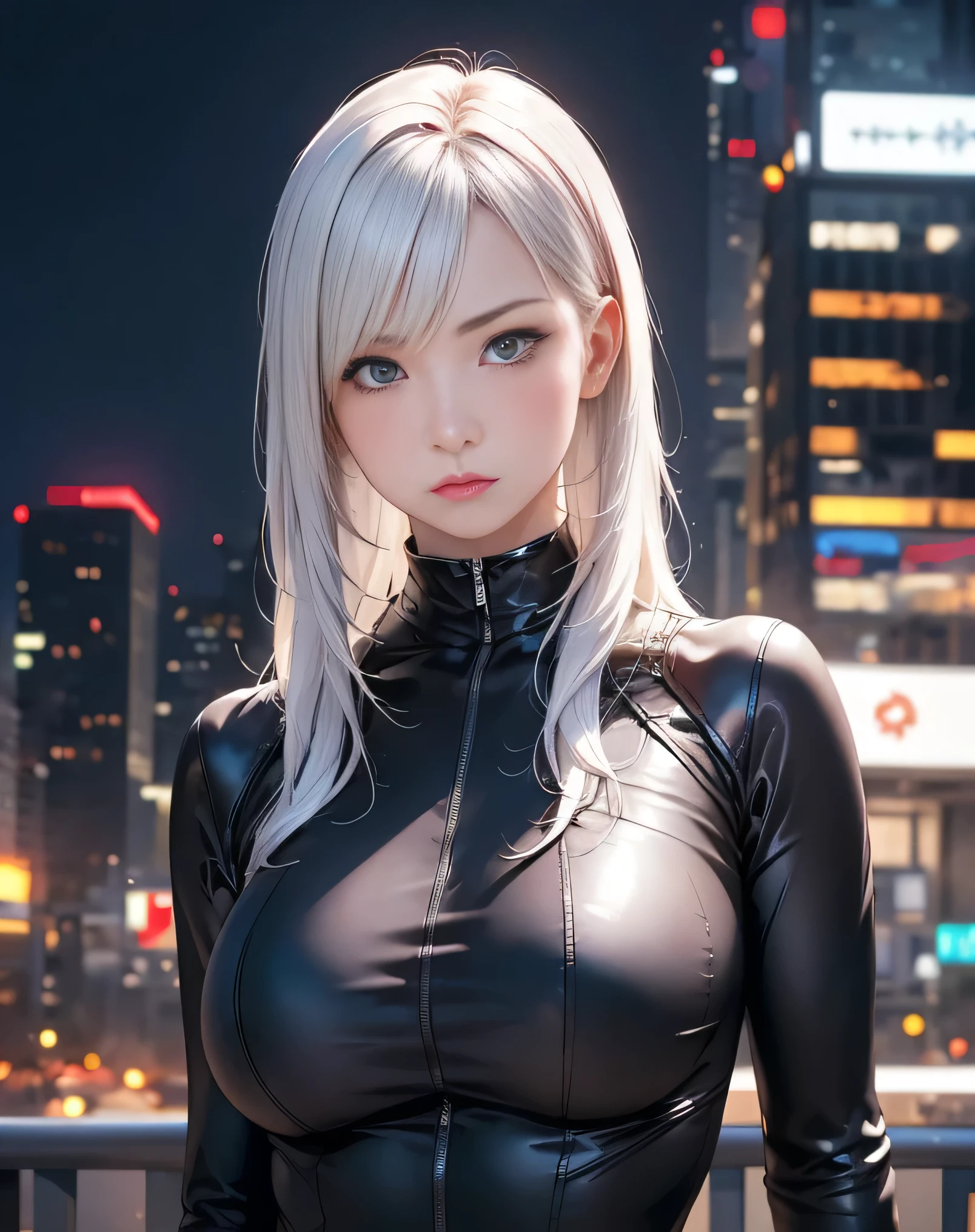 (Realistic:1.8),(High resolution:1.6),(1 girl:1.5),(solo:1.5),(Cool woman:1.2),(small face),(look at viewer:1.2),(silver hair:1.2),(long hair),(bangs:1.3),(slender),(large saggy breasts:1.5),(Future cyberpunk City:1.3),(Skyscrapers),(night),(large eyes),(Realistic eyes:1.3),(skin tight:1.3),(cyberpunk),(protector),(sexy:1.5),(cyberpunk clothes:1.2),(lewdness),(call girl),(Blushing),(Open clothes),Serious expression