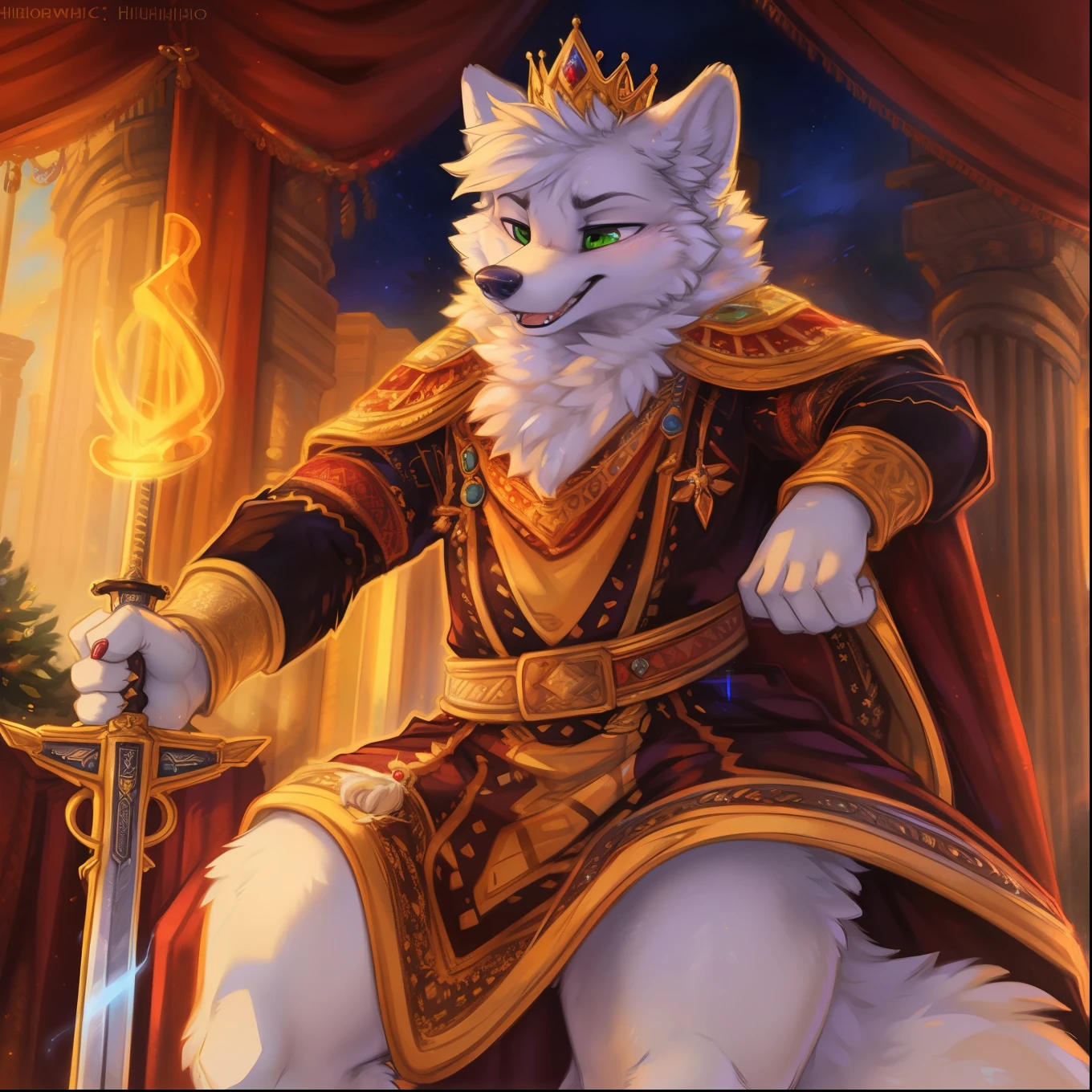 white wolf, detailed body, pecs, red cloak, walking in room, candles, light particles, (best quality), (masterpiece), (ultra detailed)
