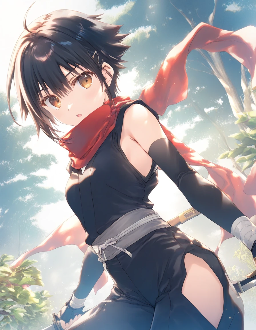 1girl, tomboy, ninja, little female, small breasts, expressionless, open mouth, outdoors,wind, fantasy, game CG, break,((artist:mitsumi_misato)),(artist:fujiyama),(artist:suzumori),(masterpiece), (best quality), (ultra-detailed), very aesthetic, newest, beauty illustration,super detailed skin, (masterpiece), (best quality), (ultra-detailed), very aesthetic lighting,newest ,hi res,absurd_res,2023,shaded,digital media (artwork), realistic lighting, 4k, 8k, 