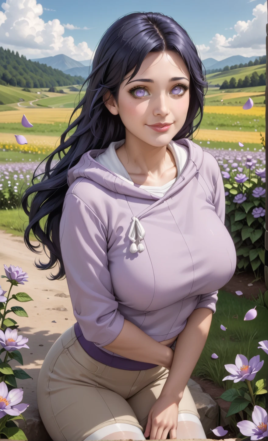 masterpiece, absurdres, 1girl, solo,mature female, purple hoodie, Tank Top, Stockings pants,  outdoors,lavender flower field, looking at viewer, (falling petals), cloudy sky, perfect composition, detailed lips, big breast, beautiful face, body propotion, blush, Hyūga_Hinata, Dark Blue hair, long hair,  White Color eyes,  soft gaze, sad smile,  super realistic, detailed, photoshoot, realistic face and body,  realistic hair, realistic eyes, realistic nose, realistic lips