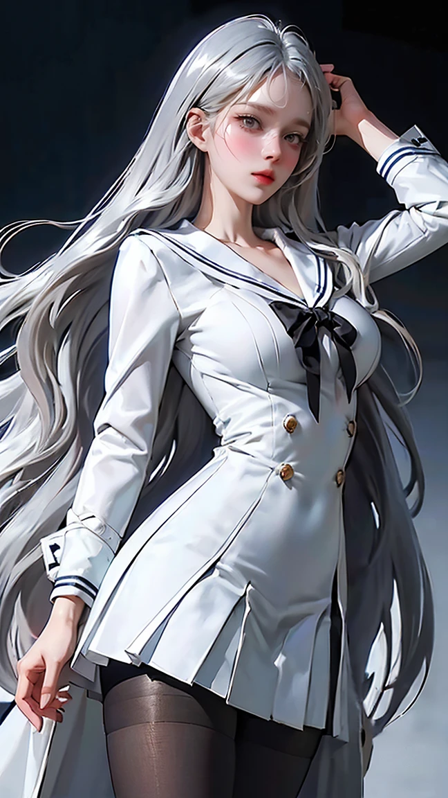 Layering,(( is, He wears half a white coat.)),(Sailor collar uniform), shirt,  Pleated Skirts,( black pantyhose),[:( detailed face :1.2):0.2],  RAW photo, (masterpiece), ( best quality),  high definition , (Realistic, photo-Realistic:1.2), Super detailed, Physically based rendering,  one girl , , Long Hair, (  silver hair),  wavy hair in front of the station, Big Breasts 