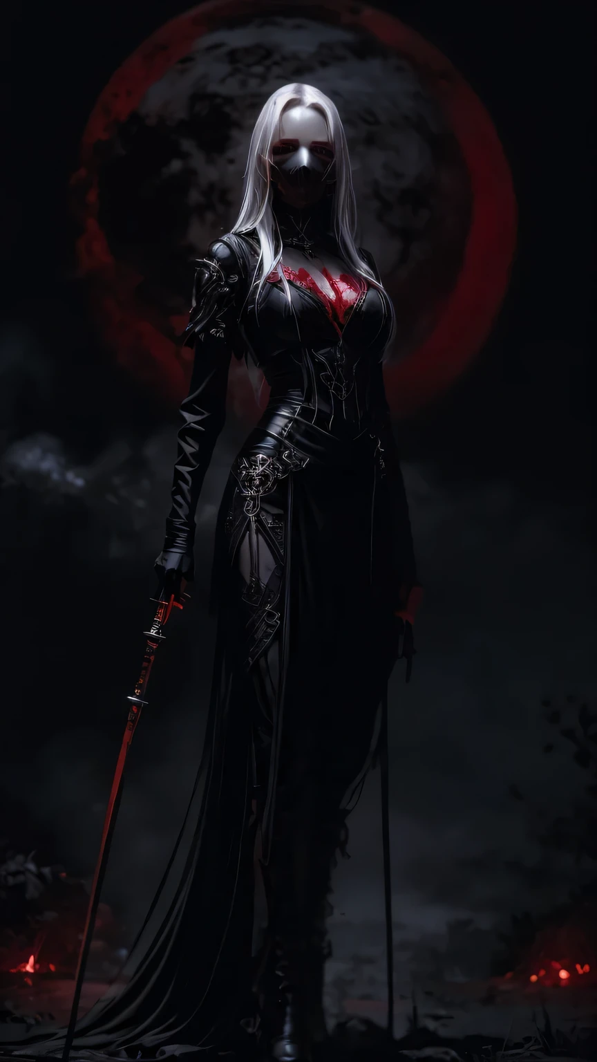 woman, ultra high details, dark fantasy, grim background, bloom, glowing red eyes, dark environment, bloody theme, hips up, pale skin, white hair, red moon, smoke foreground,