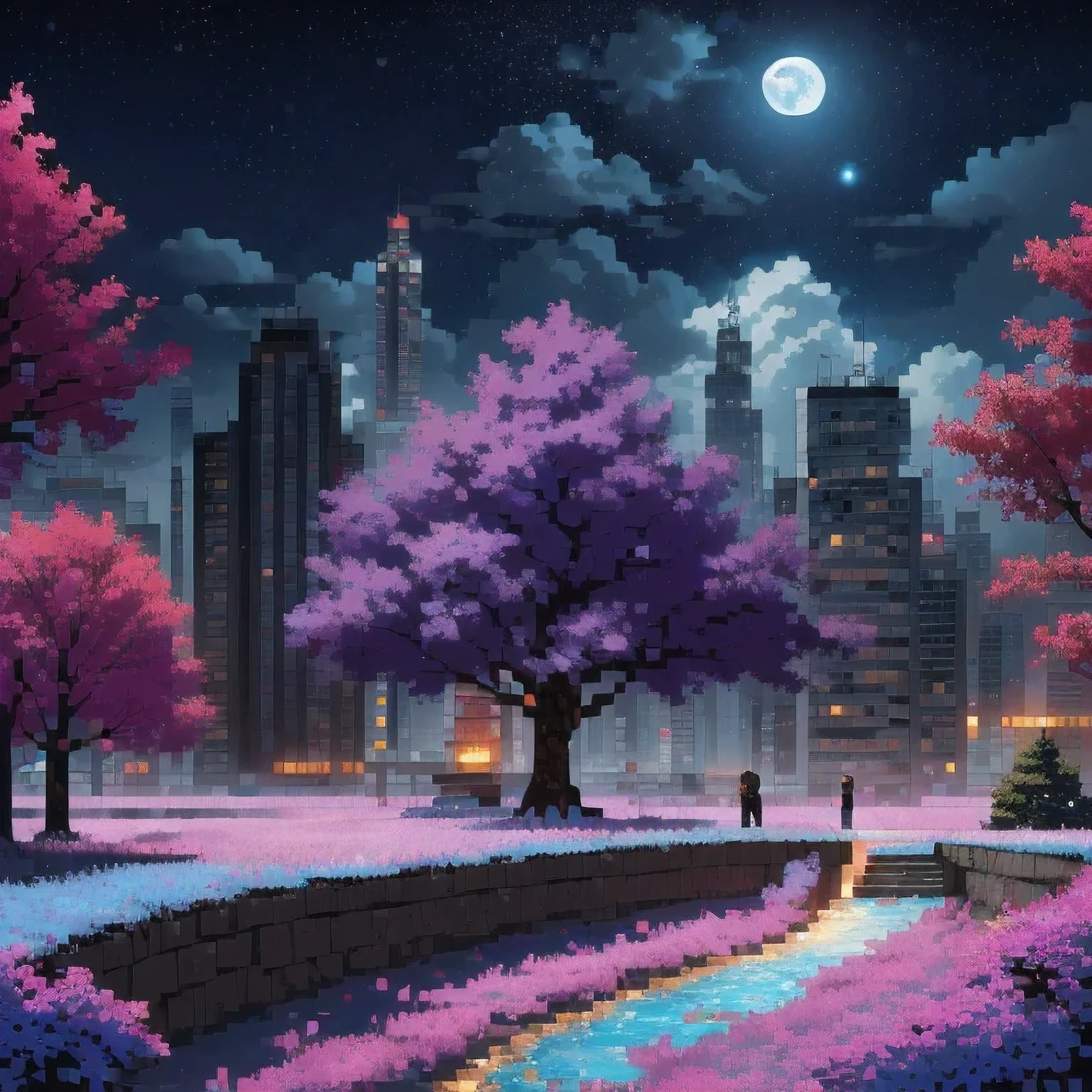 ((紫粉 City : 1.5)), (masterpiece), ( is the best quality: 1.0), ( Ultra High Resolution : 1.0), Detailed illustrations, Detailed Scenery , vibrant colors 紫粉 walking through the city, 8 K, night, Moon Clouds , ((magic, beautiful , Trees: 1.4 )), (( is the best quality, vibrant , 32 k Clear Lighting Effects )).
