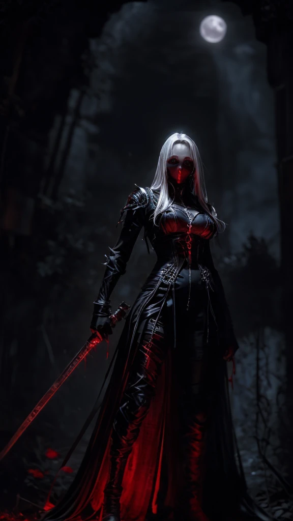 woman, ultra high details, dark fantasy, grim background, bloom, glowing red eyes, dark environment, bloody theme, hips up, pale skin, white hair, red moon, red lightings,