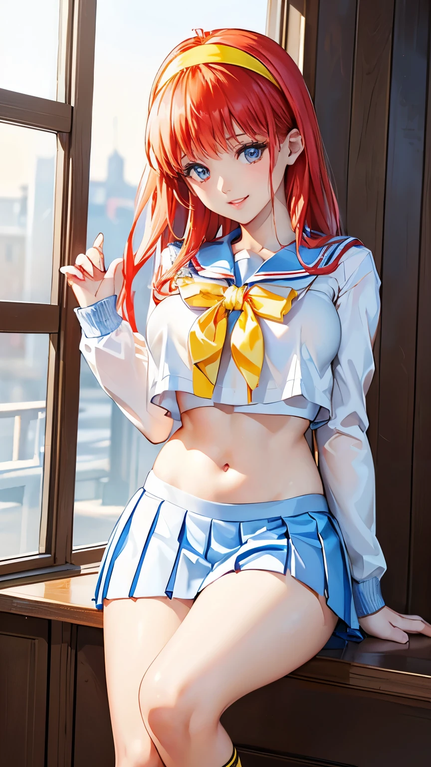 blossom, very beautiful, blue eyes, very giant breasts , shaped legs, very large buttocks, Long wavy carrot-colored hair tied up and forming a ponytail on top with a red ribbon tied to her head ((He is in his room taking a selfie)) ((dressed in a school uniform, white button-down shirt, short tie, wide, short, very tiny, wide, colorful, very sexy and sensual microskirt and white sneakers with very long stockings up to the thighs)), posing very sexy and sensual, Very nice room with a large window, good lighting, 4k resolution (( Extremely very giant breasts and extremely very giant legs))