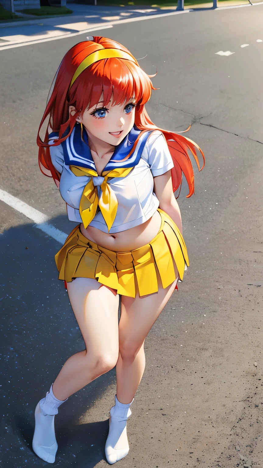 Detailed glitch of a dainty woman, naughty face, breast slip, upskirt, upshirt, underboob, flashing, skirt hand pull, no panties, pussy, orange hair hair over breasts, fall background  <lora:upshirt-000015:0.7>