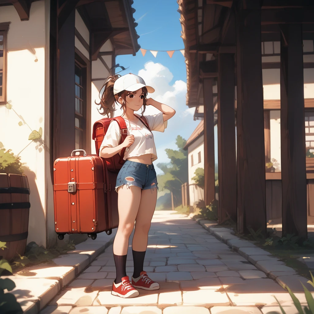 - A young woman leaning against a roadside post, with a relaxed and playful expression, wearing casual and provocative clothing. - She has long, dark brown hair tied in a high ponytail with loose bangs. She is wearing a white cap with red details. - Her outfit includes a torn white top that partially exposes her back and short denim shorts with frayed edges. - She is barefoot but wearing black socks that cover half of her calves. - Surrounding her are elements like a sturdy red suitcase, a transparent water bottle, a red backpack, and a small Tepig Pokémon near the base of the post. - A post with a makeshift sign hanging on it, with the phrase "FREE RIDE?" written in irregular letters, is part of the scene. - The background features a bright blue sky with fluffy white clouds and a bridge visible in the distance, creating a sunny and free-spirited atmosphere. - Natural lighting and shadows, with saturated tones and vibrant colors enhancing the day’s warmth and lightness. - Digital illustration style with smooth and stylized lines, with a side perspective that highlights the scenery and character details. - High resolution, with detailed textures and sharp colors.





