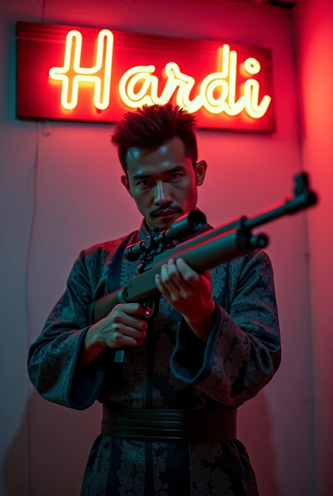 there a man with a gun standing in a narrow alley, inspired by Oka Yasutomo, in style of kar wai wong, inspired by Iwao Takamoto, hideki anno, inspired by Tadanori Yokoo, inspired by Kanō Takanobu, yakuza, inspired by Yasutomo Oka, baki style