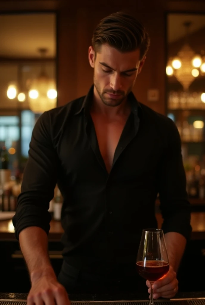 Blonde Russian man shirtless pouring vodka on himself and posing in a sexy way and a hand on his crotch, he is in a speedo, he has eyeliner on. He’s in warm lighting, he has a man standing nearby in a suit looking at the Russian lustfully