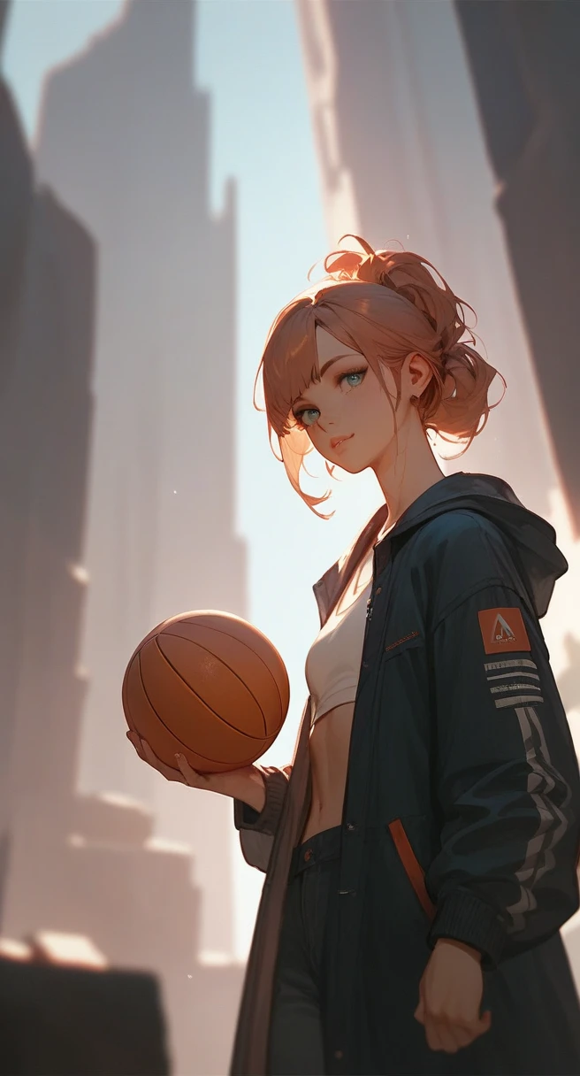 (masterpiece, best quality), hdr, detailed, cowboy shot,cartoon style, 1girl, solo, gadget_hackwrench, gh_goggles, bicycles, crop top, Holds a basketball, a basketball court, a basketball hoop, sunset, outside, sky, <lora:gadget_hackwrench:0.9>, <lora:LowRA:0.5>