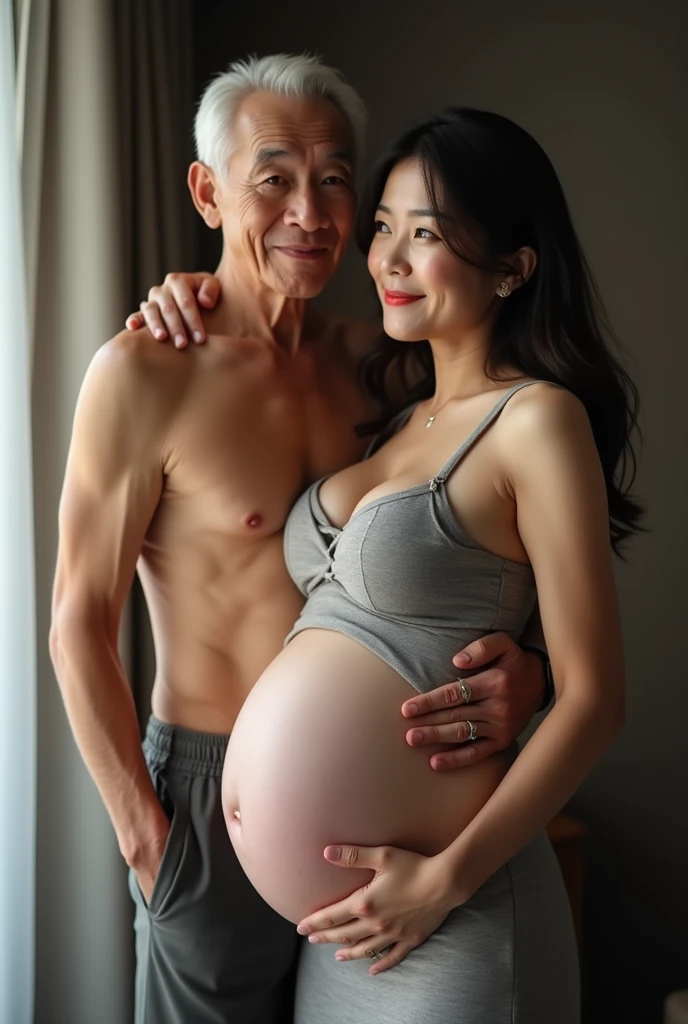 (((An 2old Jawa indonesia man and a young pregnant thailand woman full naked and nude))),curve body,shap body ,smile,age difference, age difference, giant size, 70 year old man, long white beard, smiling face, hairy body, standing hugging, hugging  , sexy young girl 18, small and skinny size, long blonde hair hairstyle, embarrassed blushing face, position, kissing, a white-haired old man, a young girl  , hotel, in bed, detailed face, realistic, realistic, big breasts, nude, Ultra-realistic intricate details, Cinematic, 8K resolution, 70mm, emphasis lightings, pregnant Gorgeous artsy women. Surreal full-body figure, Beautiful and delicate body and face, gorgeous figure, ssmile, Titillating，Surreal full-body figure，Beautiful and detailed body and face, Super vista, White skin of the, vivd colour,🔥8k, masterpiece, RAW photo, best quality, (18k detail:1.2), photorealistic, extremely, deep shadow, earrings, bracelets, necklace,