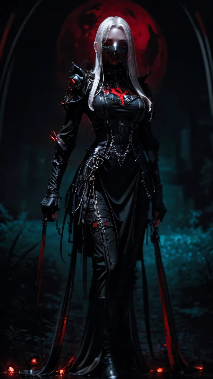 woman, ultra high details, dark fantasy, grim background, bloom, glowing red eyes, dark environment, bloody theme, hips up, pale skin, white hair, red moon, red lightings,