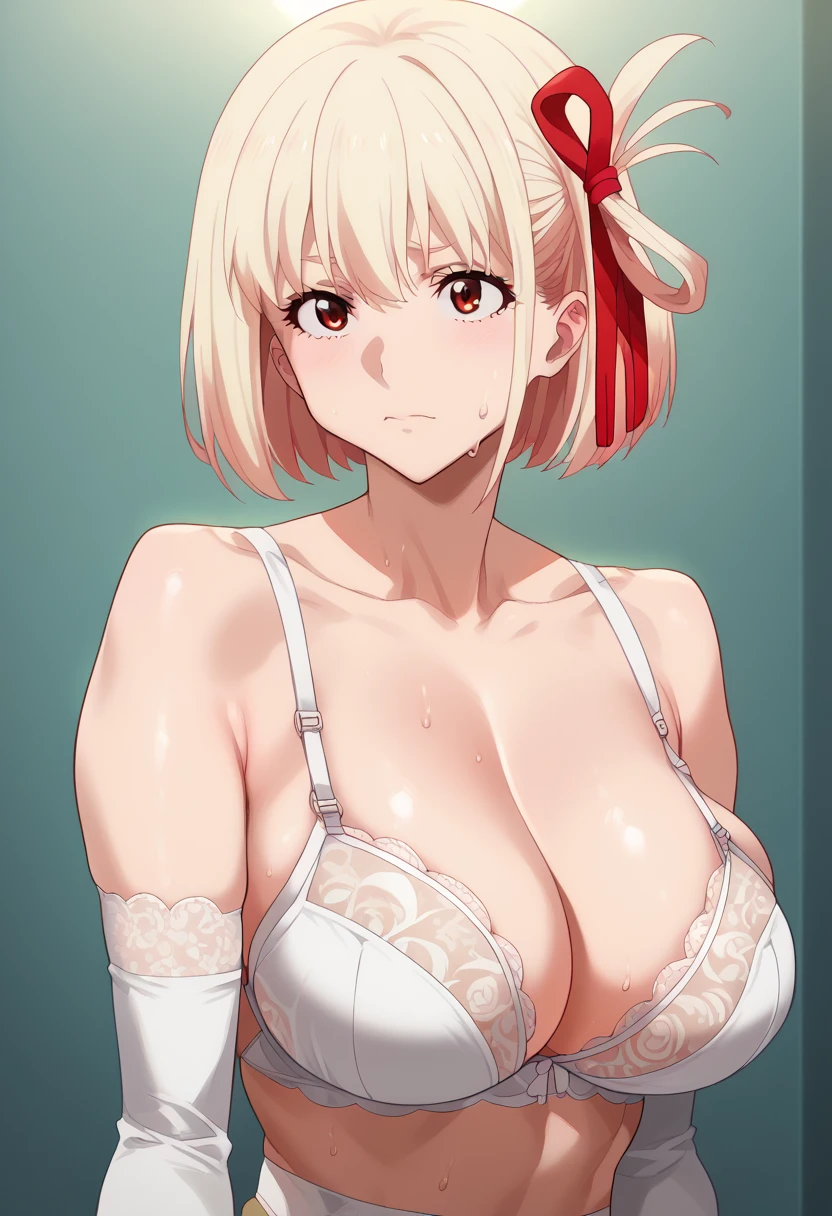 Hyper realistic, chisato nishikigi, short hair, bangs, blonde hair, red eyes, hair ribbon, one side up, bob cut, perfect face, perfect lighting,、, thicc،, huge , large breasts, sweat,、nude、((white lingerie bra、white garter belt、white opera gloves))