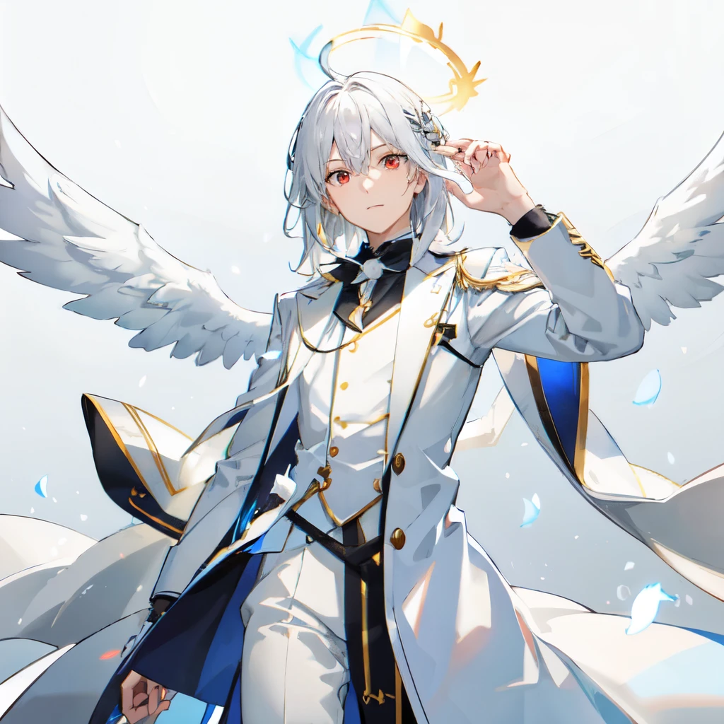 Looking forward Man in formal attire wearing a white and platinum lab coat on top Male,red eyes, cabello largo color platino anime angel con alas y un halo por encima de la cabeza, anime wallpaper , bíblico preciso angel , angelic, ((zerator )),  glowing angelic being  , an angel, angelical, hd anime wallpaper , Night, angel, ascension,  Big shiny white wings , zero-chan, Angelic and Disturbing  , the lilies, ethereal anime, angelic halocon alas de angel, white-haired deity,  Glowing Angelic Being , Angelic halo, sacred halo, Un angel,  Claymore anime background ,  winner of the pixiv contest, The Angel of Death with a halo, anime wallpaper, angelic and disturbing,  orange halo around her head ,  ray of light through white hair, bright halo above his head,