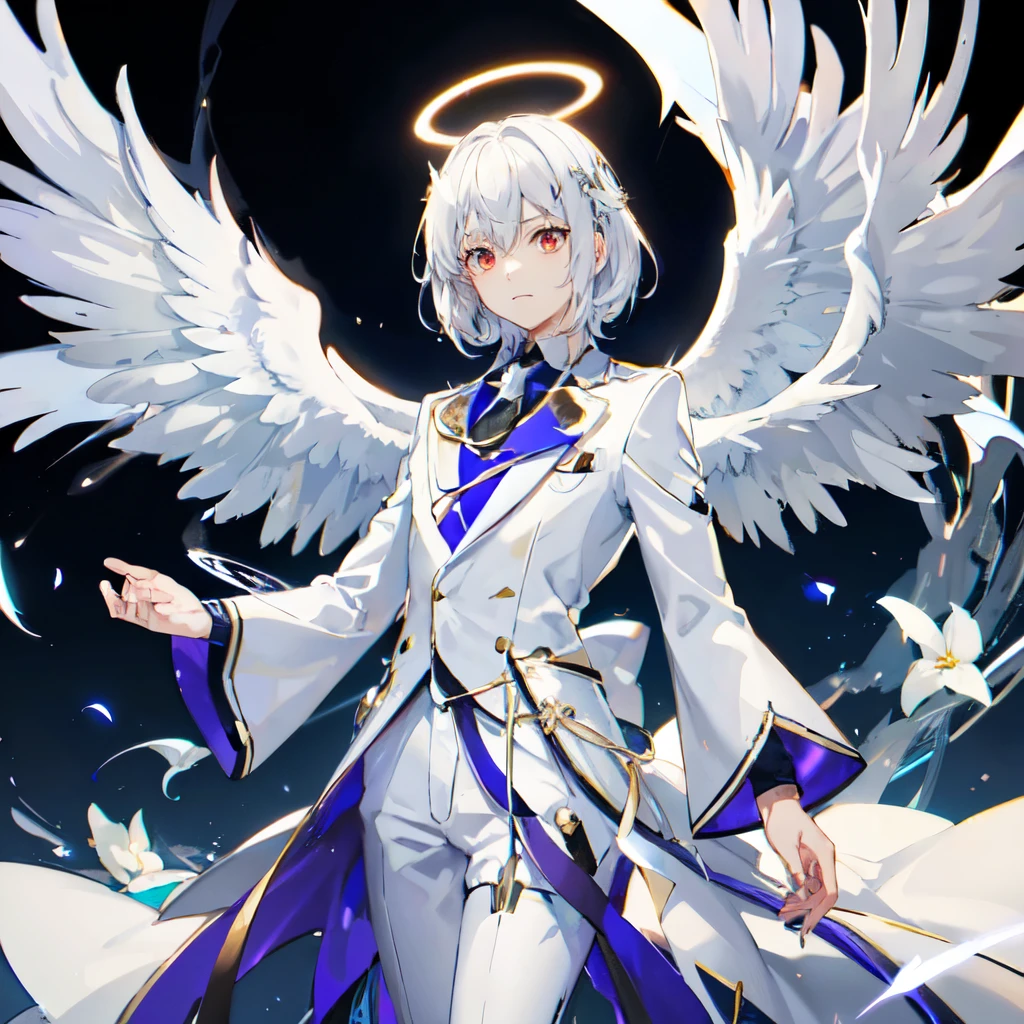 Looking forward Man in formal attire wearing a white and platinum lab coat on top Male,red eyes, cabello largo color platino anime angel con alas y un halo por encima de la cabeza, anime wallpaper , bíblico preciso angel , angelic, ((zerator )),  glowing angelic being  , an angel, angelical, hd anime wallpaper , Night, angel, ascension,  Big shiny white wings , zero-chan, Angelic and Disturbing  , the lilies, ethereal anime, angelic halocon alas de angel, white-haired deity,  Glowing Angelic Being , Angelic halo, sacred halo, Un angel,  Claymore anime background ,  winner of the pixiv contest, The Angel of Death with a halo, anime wallpaper, angelic and disturbing,  orange halo around her head ,  ray of light through white hair, bright halo above his head,