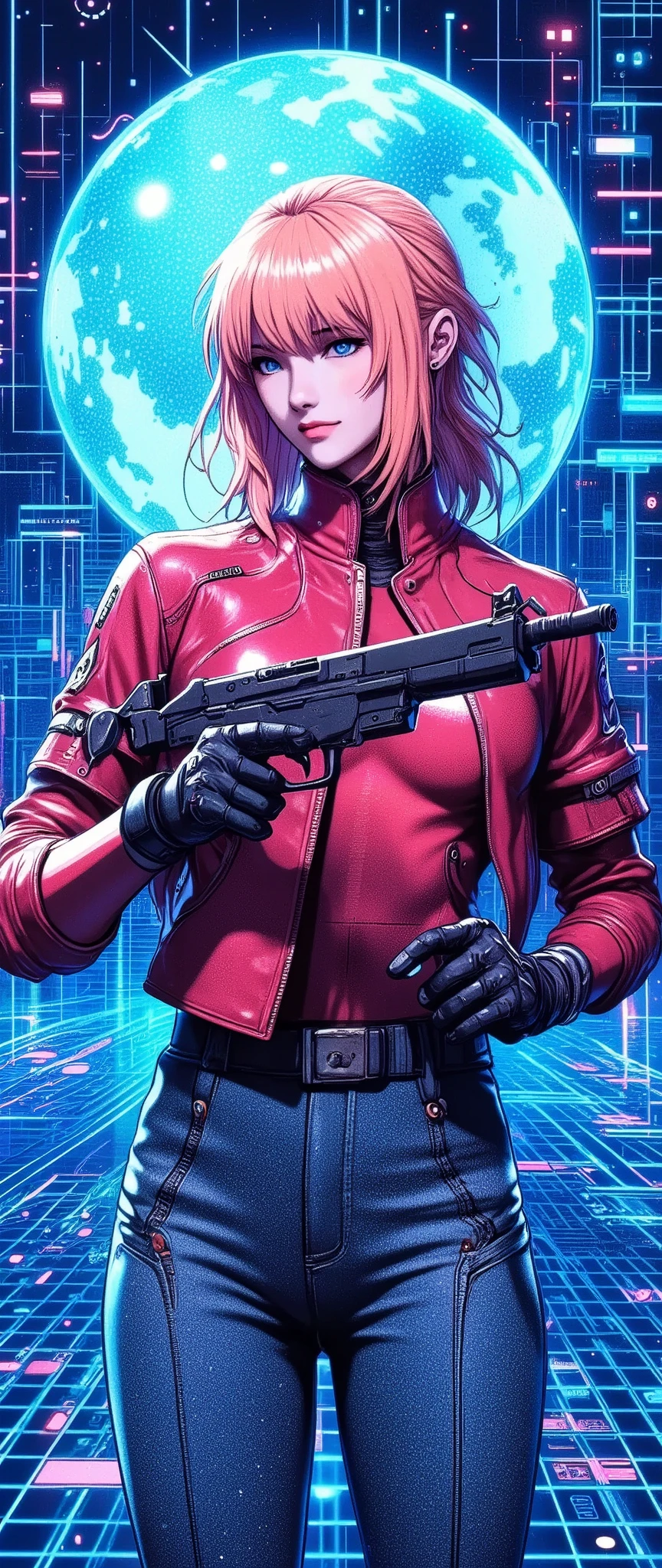 (masterpiece:1.2),( best quality),(Super detailed),(  super high definition ),(  Best Illustration ),8k, wallpaper,  Beautiful Female Cyborg,whole body,Vector art,Layered Textures  ,progressive,SF,  Cyberpunk  ,jeans, military jacket, boots,( The background is a blue hologram with a large blue check pattern),(Neon colored planetary groups in the background:2.0),(Serious:2.0),(Hold the gun and aim at the camera:2.0),(Point the gun at the camera:2.0)