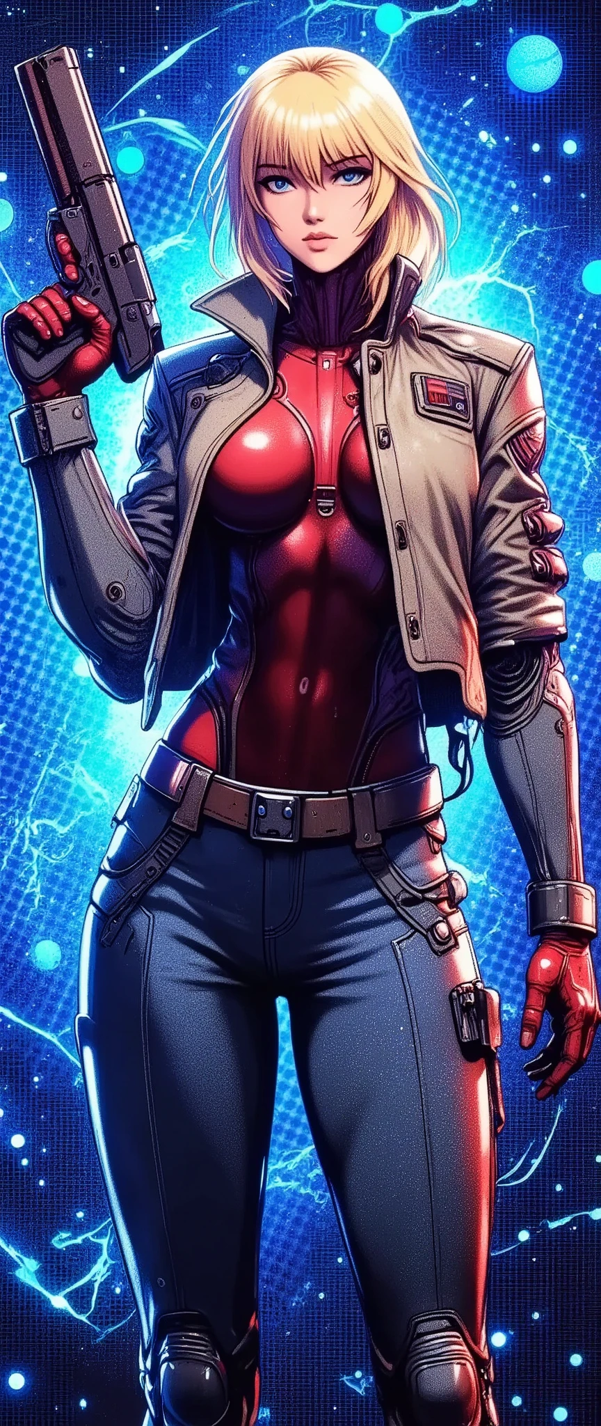 (masterpiece:1.2),( best quality),(Super detailed),(  super high definition ),(  Best Illustration ),8k, wallpaper,  Beautiful Female Cyborg,whole body,Vector art,Layered Textures  ,progressive,SF,  Cyberpunk  ,jeans, military jacket, boots,( The background is a blue hologram with a large blue check pattern),(Neon colored planetary groups in the background:2.0),(Serious:2.0),(Hold the gun and aim at the camera:2.0),(Point the gun at the camera:2.0)