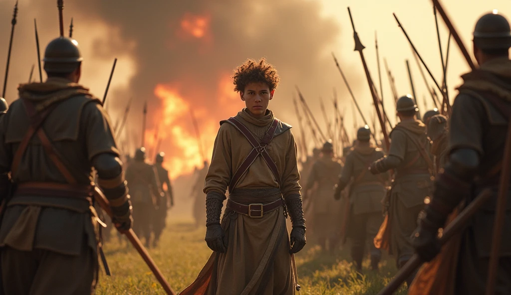 18 year old young man with short red hair and sword in hand being anointed king and symbolic images of his reign, along with him the prophet Samuel in the background a castle with the flag of Israel with many happy people in the palace landscapes of the kingdom, or a vision of Jerusalem, to reflect his role as king and leader of the people.