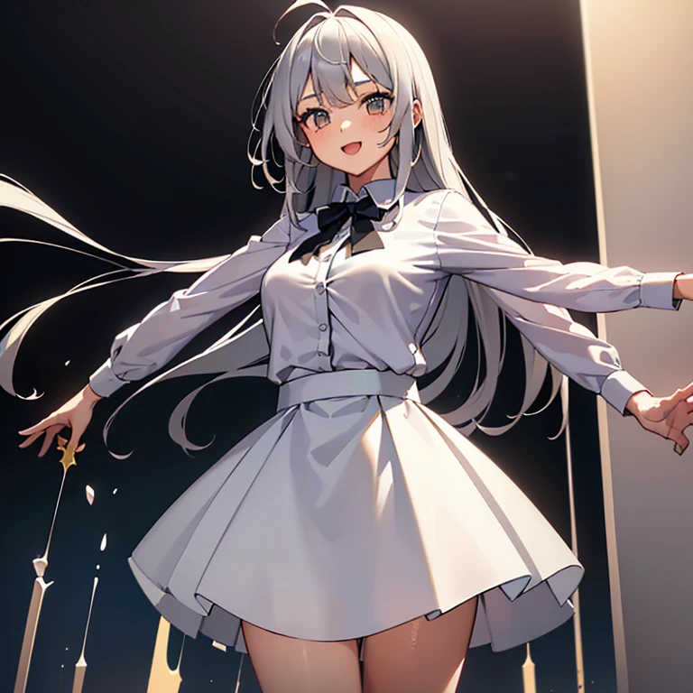 ((masterpiece,  best quality)), ( 1 girl), (Alone), ( for women), (Ahoge, Gray Hair,  very long hair),  golden eyes, Clear Smile】,  open your mouth , (( white shirt), ( buttoned shirt), (Gap Button)), ((  black skirt ), ( short skirt)),  standing , White background, Arms on back,  dynamic angle 