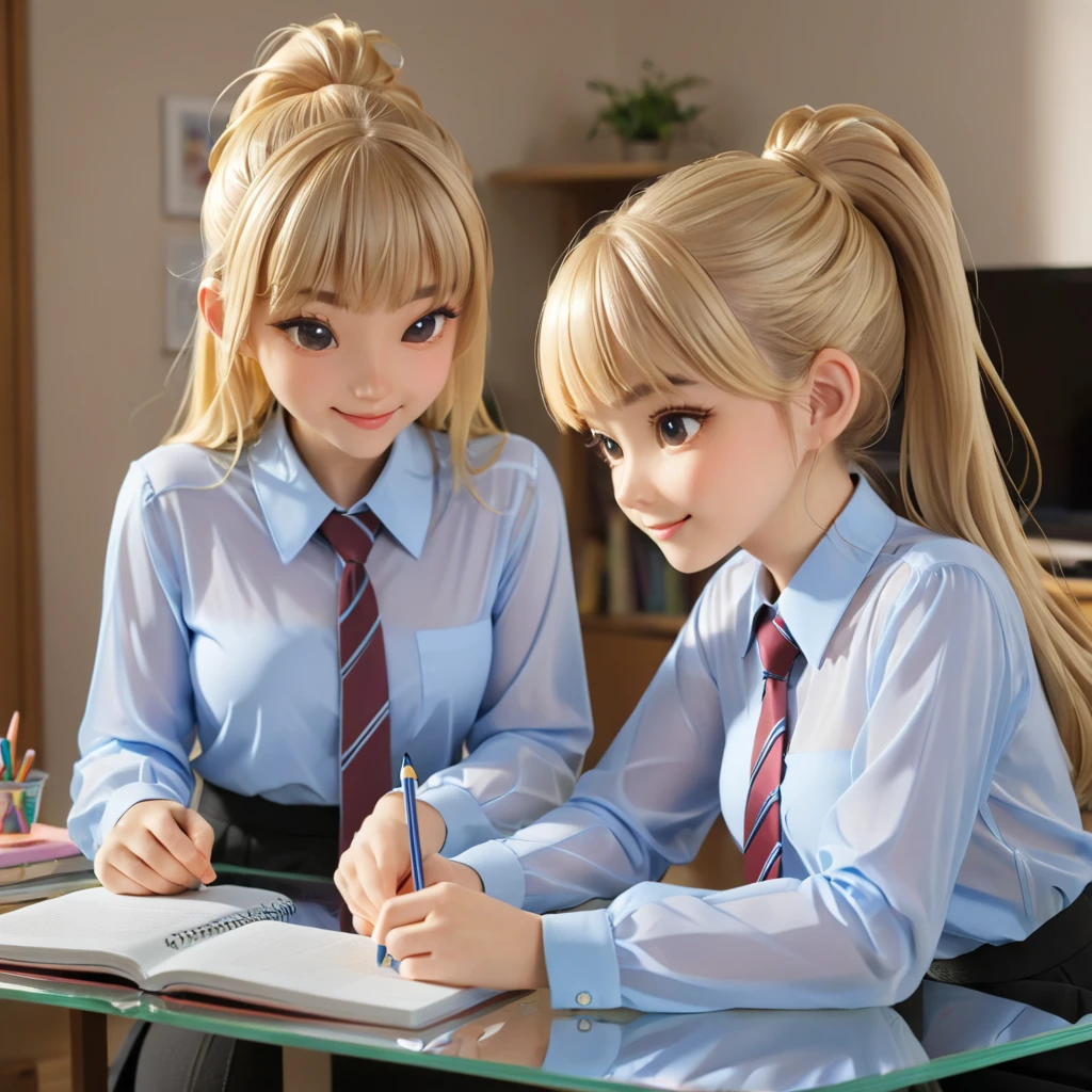 4 girls, Buttoned into an extremely tight shiny plastic blouse, blonde hair,  ponytail , Bangs, smile, Lens reflection, Reflected light, Are at home and doing homework , Necktie 