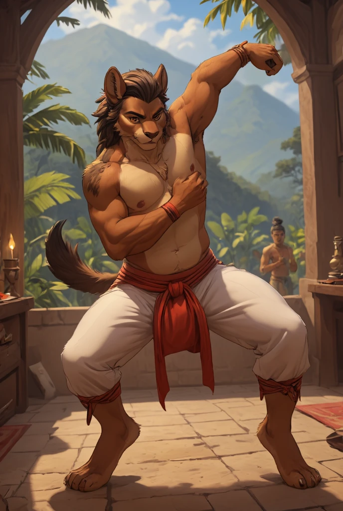 score_9, score_8_up, score_7_up, (((source_furry))), (((barefoot furry male))), full body, dynamic pose, eyecatching composition, detailed background, long white loose pants, furry boy with dark body fur.

(((Capoeira))) is a Brazilian (((martial art))) and game that includes elements of dance, acrobatics, music and spirituality. It is known for its acrobatic and complex maneuvers, often involving hands on the ground and inverted kicks. It emphasizes flowing movements rather than fixed stances; the ginga, a rocking step, is usually the focal point of the technique. Though often said to be a martial art disguised as a dance, capoeira served not only as a form of self defense, but also as a way to maintain spirituality and culture.