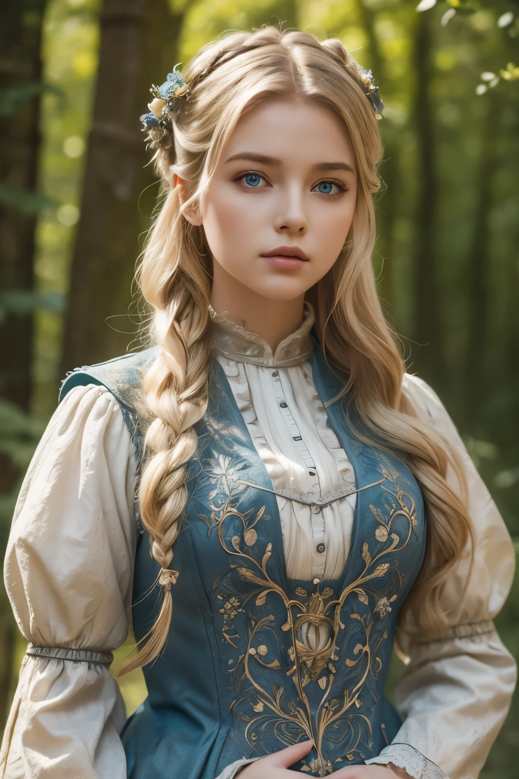 A beautiful young girl, detailed face, striking blue eyes, long blonde hair, medieval-style dress, farmer girl, cinematic lighting, dramatic shadows, detailed fabric textures, lush outdoor forest background, glowing light, highly detailed, intricate, photorealistic, 8k, best quality