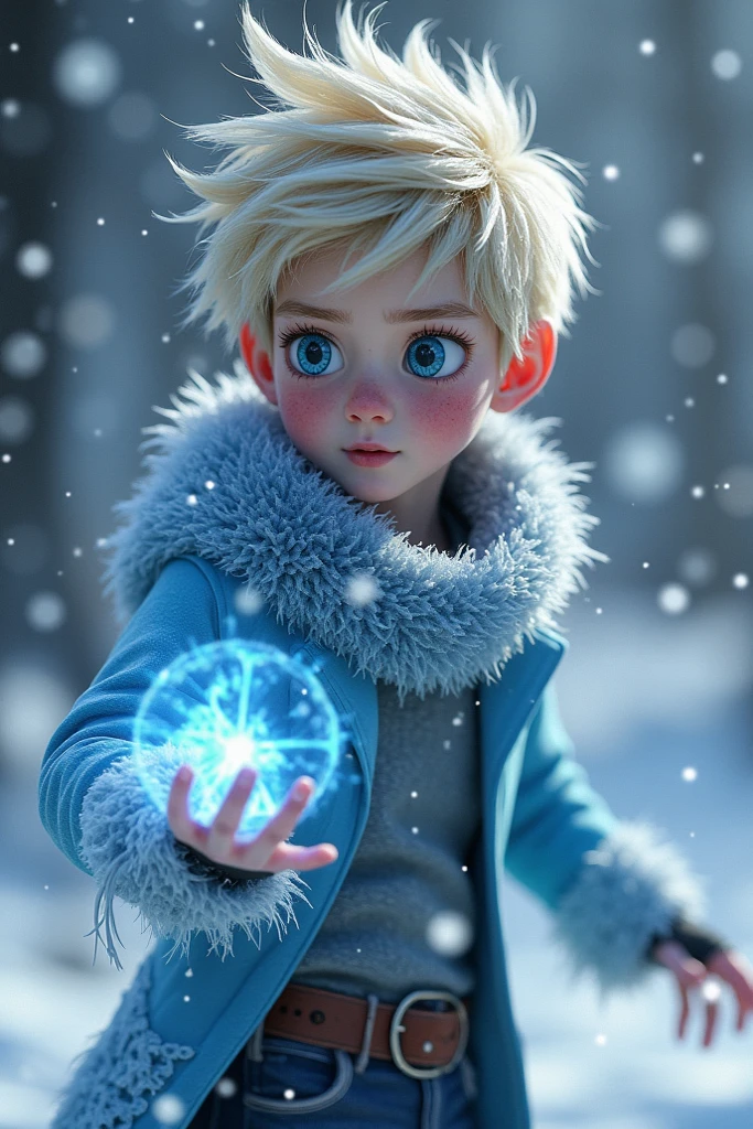 A blond teenager in a hoodie and blue clothes, using magic to freeze everything around