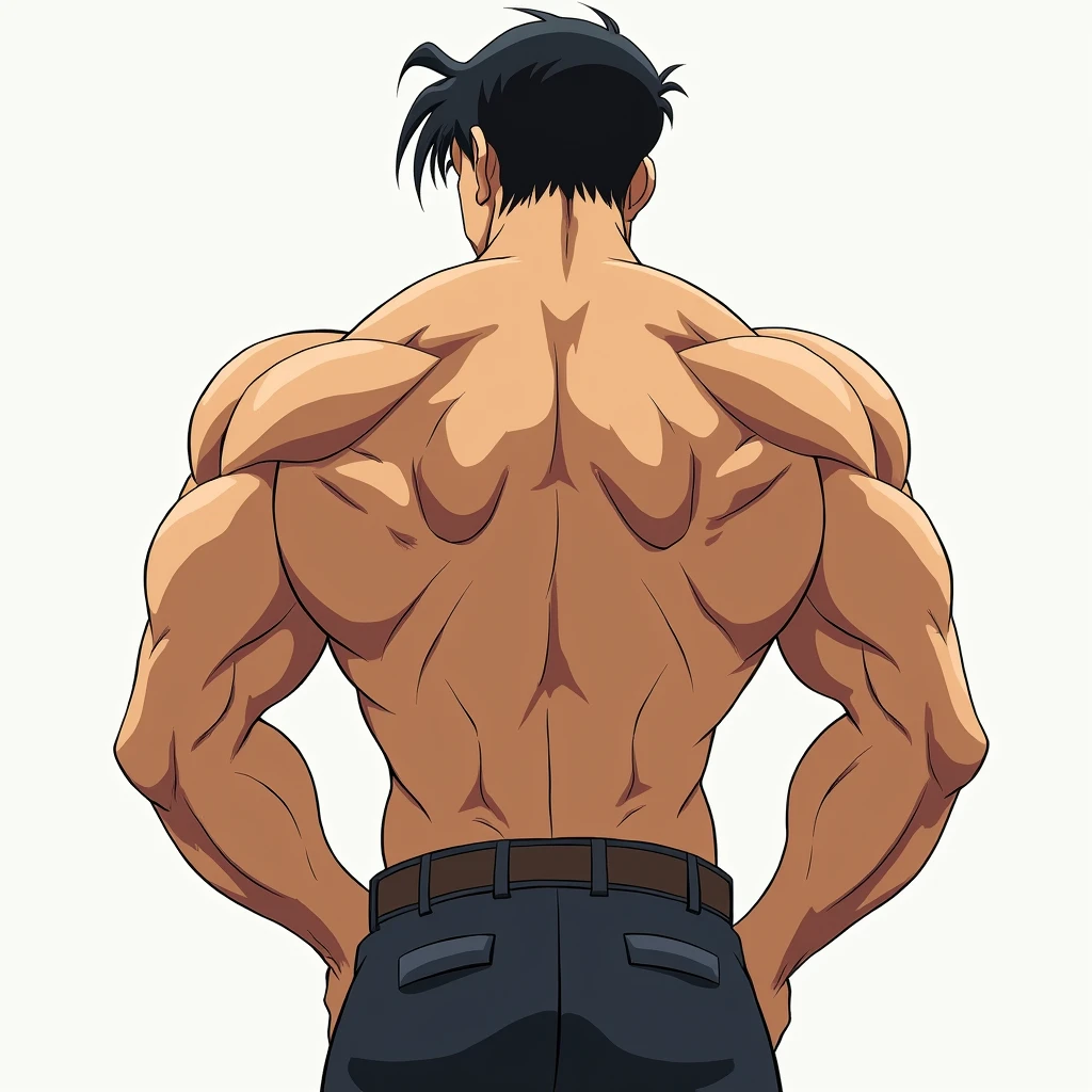 1boy, male focus, ponyzeldris, black hair, short hair, spiked hair, black eyes, red eyes, empty eyes, muscle, back view, Wearing a white shirt, naked, bedroom background