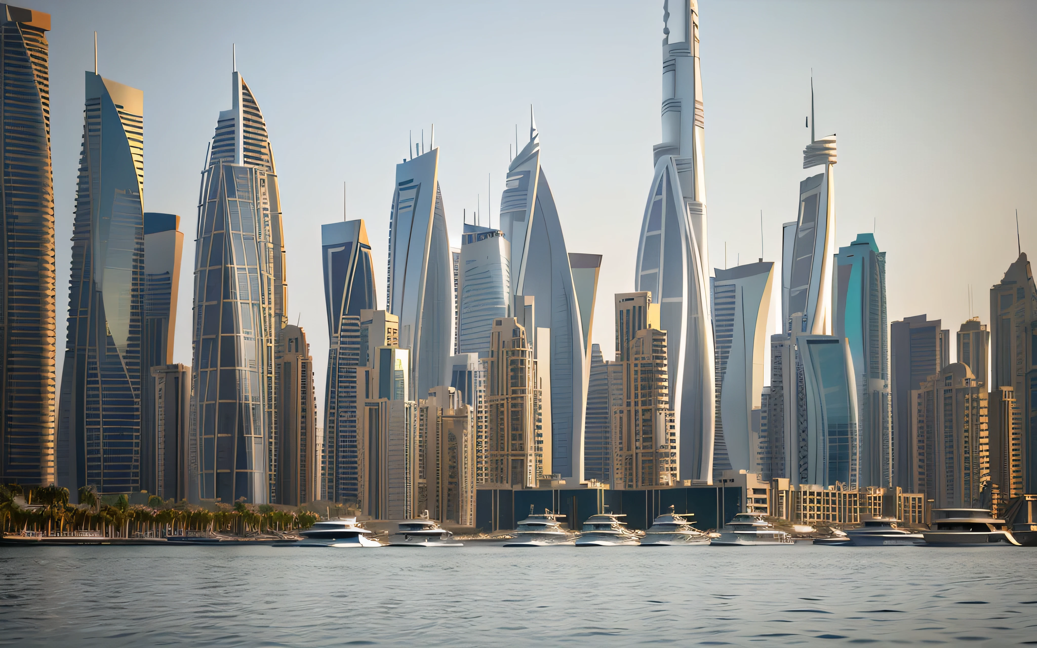 A golden hour view of Dubai Marina, with luxury yachts docked along the water and reflections shimmering on the surface. The streets are filled with joggers, cyclists, and people enjoying outdoor cafés, while the sky transitions from amber to deep blue.