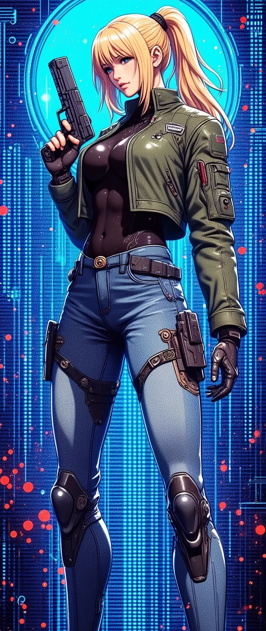 (masterpiece:1.2),( best quality),(Super detailed),(  super high definition ),(  Best Illustration ),8k, wallpaper,  Beautiful Female Cyborg,whole body,Vector art,Layered Textures  ,progressive,SF,  Cyberpunk  ,jeans, military jacket, boots,( The background is a blue hologram with a large blue check pattern),(Neon colored planetary groups in the background:2.0),(Serious:2.0),(Hold the gun and aim at the camera:2.0),(Point the gun at the camera:2.0)