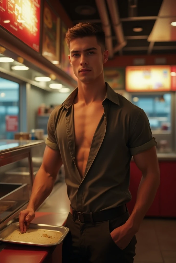 A 19-year-old male, athletic and well-defined body, light brown hair, green eyes, naked with a prominent penis, with a black bow tie around his neck. At the restaurant.