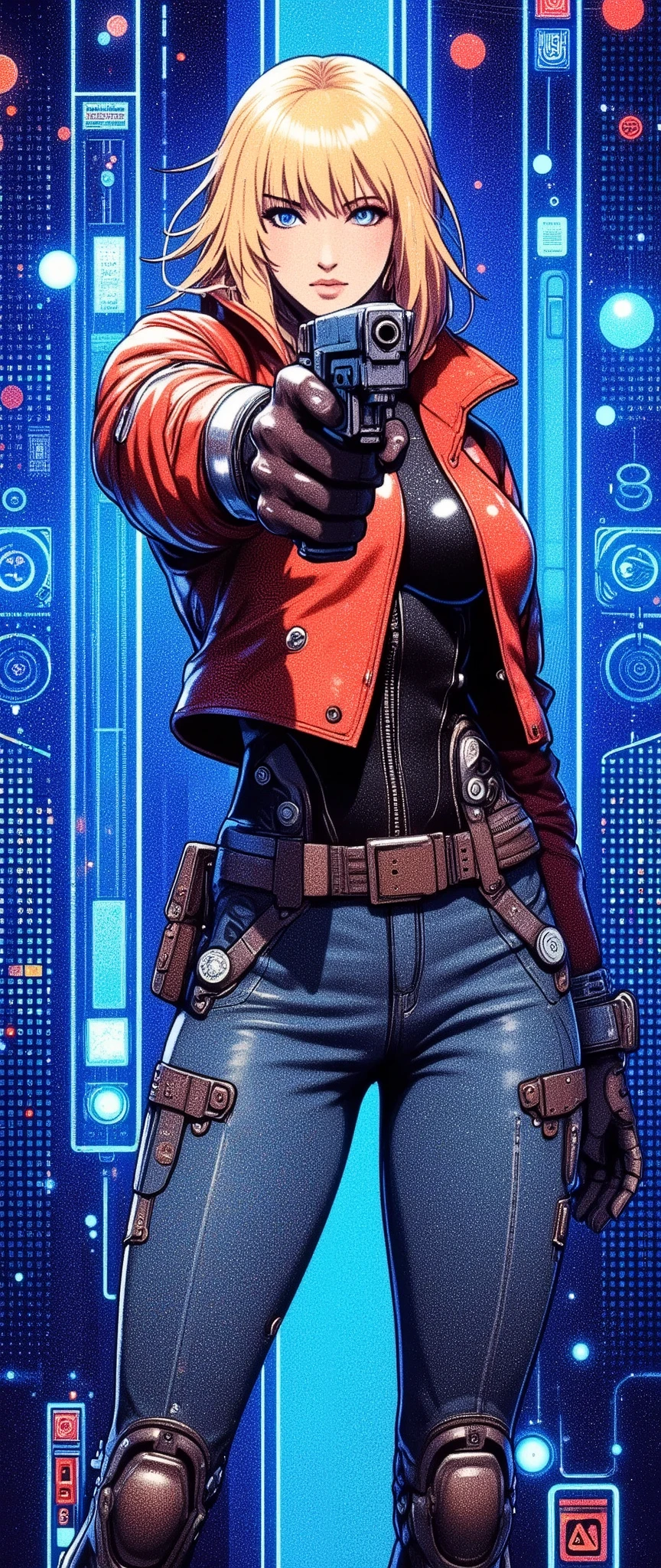 (masterpiece:1.2),( best quality),(Super detailed),(  super high definition ),(  Best Illustration ),8k, wallpaper,  Beautiful Female Cyborg,whole body,Vector art,Layered Textures  ,progressive,SF,  Cyberpunk  ,jeans, military jacket, boots,( The background is a blue hologram with a large blue check pattern),(Neon colored planetary groups in the background:2.0),(Serious:2.0),(Hold the gun and aim at the camera:2.0),(Point the gun at the camera:2.0)