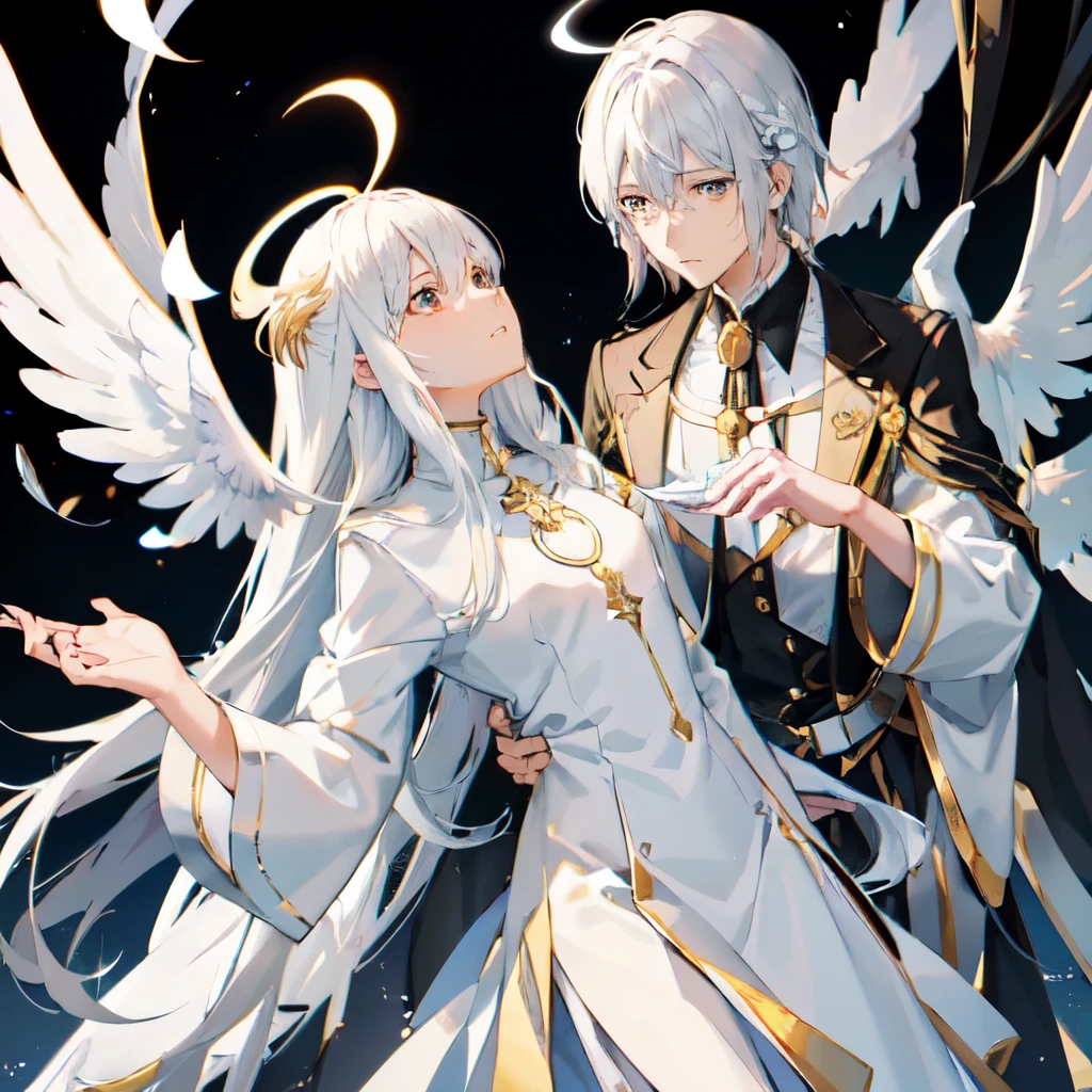 Looking forward Man in formal attire wearing a white and platinum lab coat on top Male,red eyes, cabello largo color platino anime angel con alas y un halo por encima de la cabeza, anime wallpaper , bíblico preciso angel , angelic, ((zerator )),  glowing angelic being  , an angel, angelical, hd anime wallpaper , Night, angel, ascension,  Big shiny white wings , zero-chan, Angelic and Disturbing  , the lilies, ethereal anime, angelic halocon alas de angel, white-haired deity,  Glowing Angelic Being , Angelic halo, sacred halo, Un angel,  Claymore anime background ,  winner of the pixiv contest, The Angel of Death with a halo, anime wallpaper, angelic and disturbing,  orange halo around her head ,  ray of light through white hair, bright halo above his head,