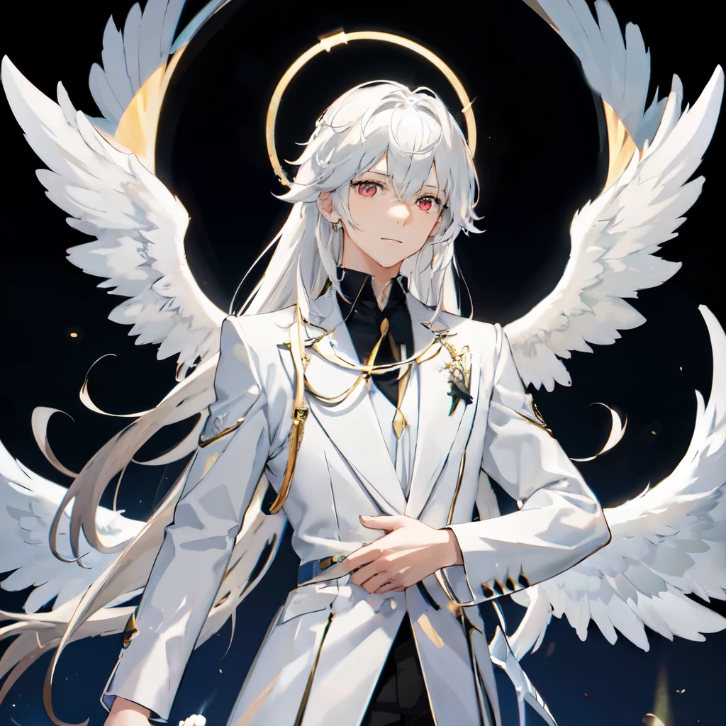 Looking forward Man in formal attire wearing a white and platinum lab coat on top Male,red eyes, cabello largo color platino anime angel con alas y un halo por encima de la cabeza, anime wallpaper , bíblico preciso angel , angelic, ((zerator )),  glowing angelic being  , an angel, angelical, hd anime wallpaper , Night, angel, ascension,  Big shiny white wings , zero-chan, Angelic and Disturbing  , the lilies, ethereal anime, angelic halocon alas de angel, white-haired deity,  Glowing Angelic Being , Angelic halo, sacred halo, Un angel,  Claymore anime background ,  winner of the pixiv contest, The Angel of Death with a halo, anime wallpaper, angelic and disturbing,  orange halo around her head ,  ray of light through white hair, bright halo above his head,