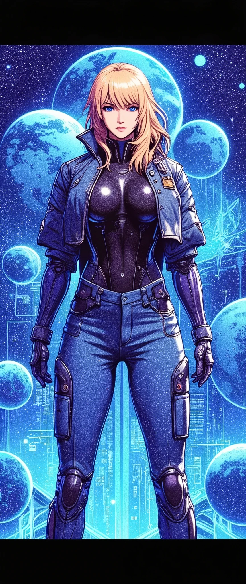 (masterpiece:1.2),( best quality),(Super detailed),(  super high definition ),(  Best Illustration ),8k, wallpaper,  Beautiful Female Cyborg,whole body,Vector art,Layered Textures  ,progressive,SF,  Cyberpunk  ,jeans, military jacket, boots,( The background is a blue hologram with a large blue check pattern),(Neon colored planetary groups in the background:2.0)