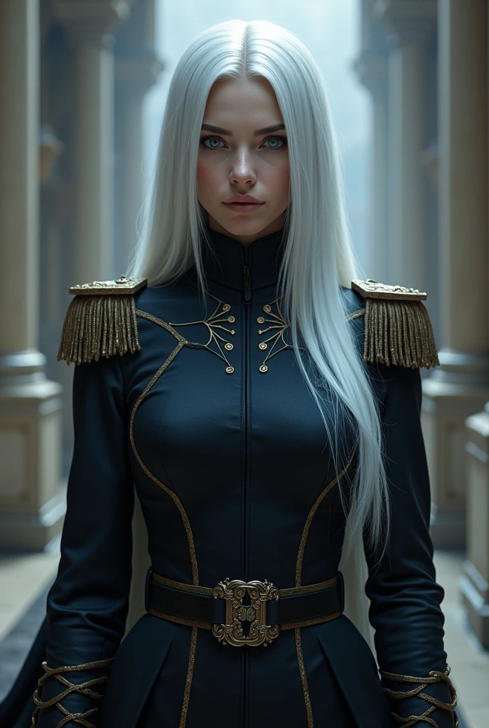official portrait, full view of a queen, a 30 years old woman, very long blond hair, blue eyes, slim, she wears a futurist cream and blue dress made from a mix of printed circuit board alloy and leather fabric, futurist crown, no background