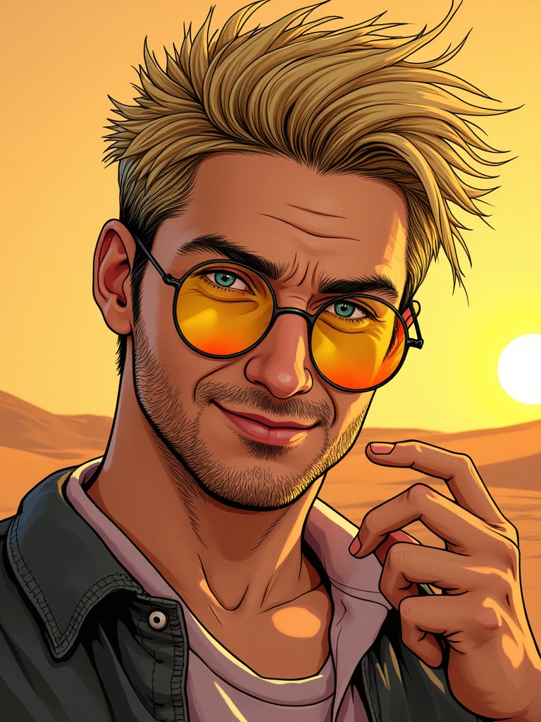 A highly detailed manga-style illustration of a charismatic man with spiky blond hair and blue-green eyes, holding his hand near his round yellow-tinted glasses. His confident expression features a subtle smile. The artwork uses black-and-white hatching for shadows, with vibrant yellow and orange accents reflected in the glasses, depicting a desert sunset with sand dunes and a bright sun. The scene is a close-up composition, focusing on the upper body and face. The background is minimal, dark, and textured to emphasize the character, with soft lighting creating a dynamic yet relaxed atmosphere.”