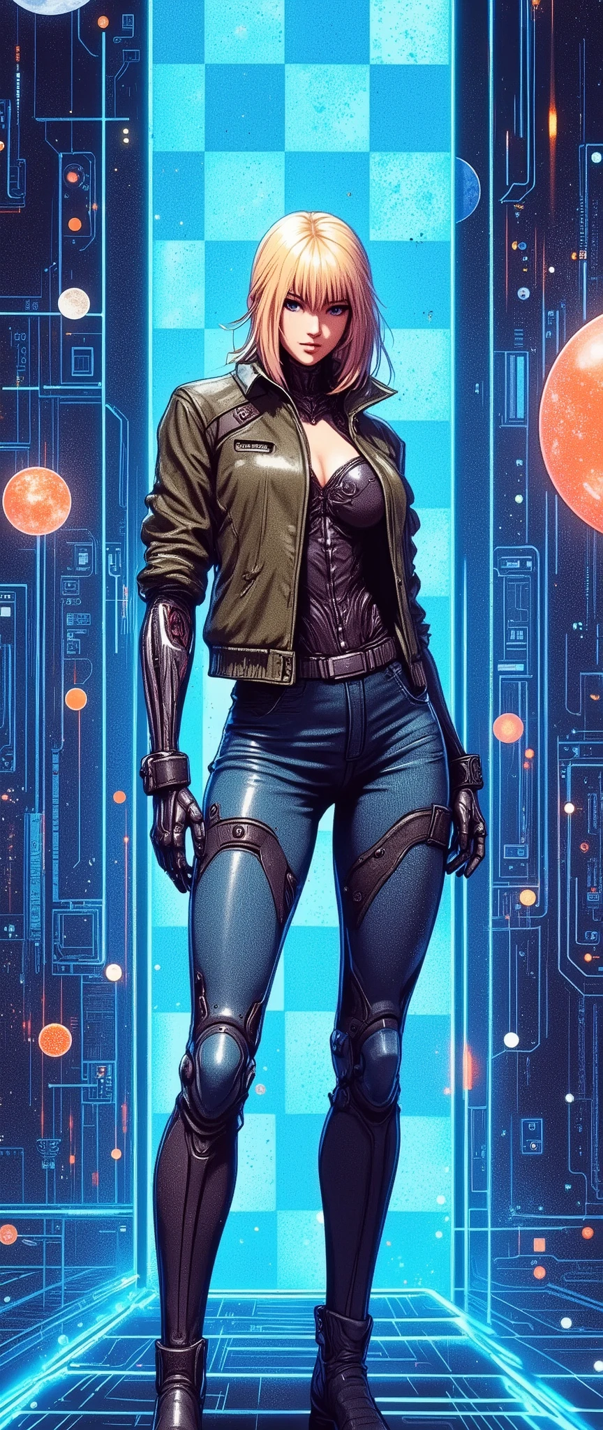 (masterpiece:1.2),( best quality),(Super detailed),(  super high definition ),(  Best Illustration ),8k, wallpaper,  Beautiful Female Cyborg,whole body,Vector art,Layered Textures  ,progressive,SF,  Cyberpunk  ,jeans, military jacket, boots,( The background is a blue hologram with a large blue check pattern),(Neon colored planetary groups in the background:2.0)