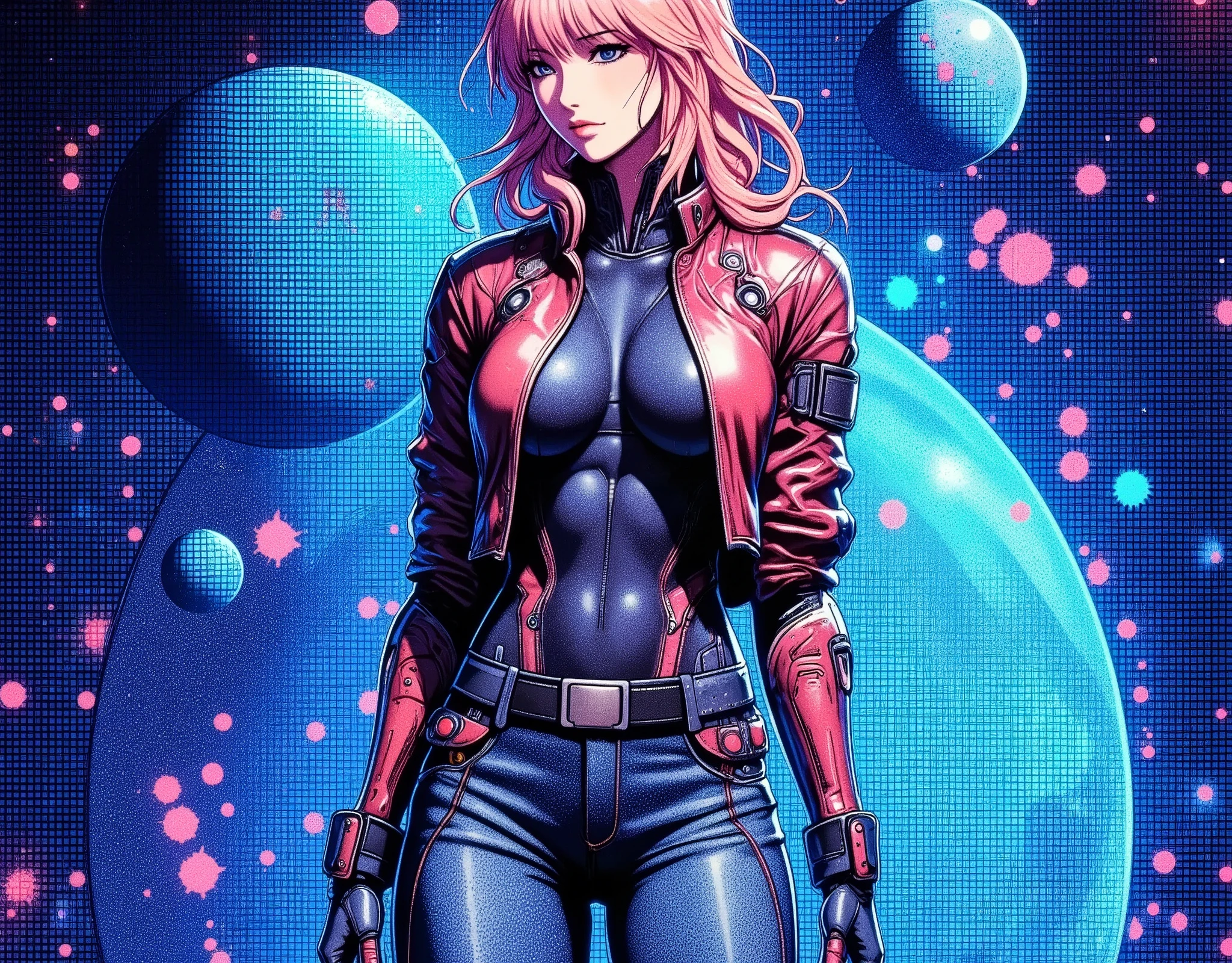 (masterpiece:1.2),( best quality),(Super detailed),(  super high definition ),(  Best Illustration ),8k, wallpaper,  Beautiful Female Cyborg,whole body,Vector art,Layered Textures  ,progressive,SF,  Cyberpunk  ,jeans, military jacket, boots,( The background is a blue hologram with a large blue check pattern),(Neon colored planetary groups in the background:2.0)