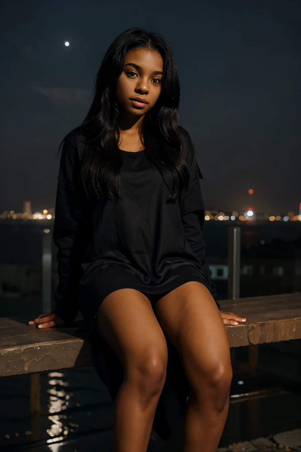 realistic black female instagram influencer, best quality, black hair, 1 girl, light browne eyes, showing her feet